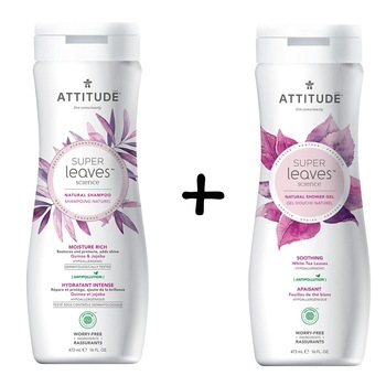 Pachet Sampon ecologic Attitude Superleaves pentru par uscat si aspru, quinoa, 473 ml + Gel de dus ecologic Attitude Superleaves calmare, frunze de ceai alb, 473 ml Pachet Sampon ecologic Attitude Superleaves pentru par uscat si aspru, quinoa, 473 ml + Gel de dus ecologic Attitude Superleaves calmare, frunze de ceai alb, 473 ml