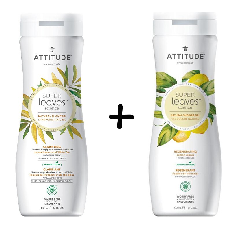 Pachet Sampon ecologic Attitude Superleaves pentru par gras, frunze de lamai, 473 ml + Gel de dus ecologic Attitude Superleaves regenerare, frunze de lamai, 473 ml