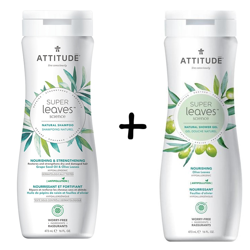 Pachet Sampon ecologic Attitude Superleaves pentru hranire si intarire, frunze de maslin, 473 ml + Gel de dus ecologic Attitude Superleaves hranire, frunze de maslin, 473 ml