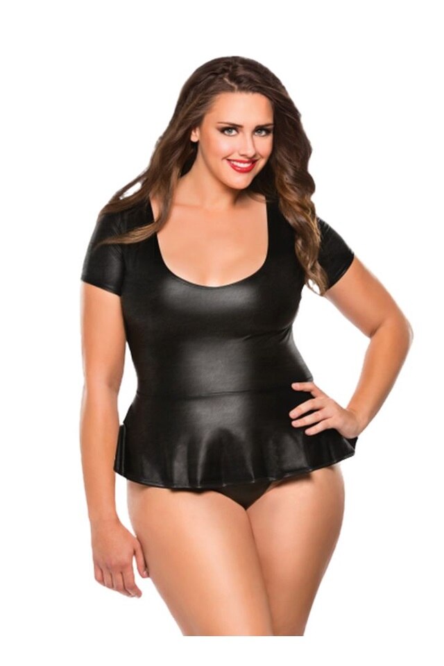 Set 2 piese, Allure, Peplum Top & G-String, top si tanga, glossy, negru, marime Plus Size
