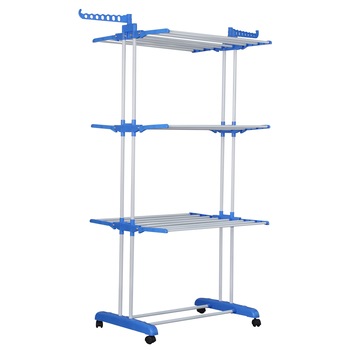 Uscator de rufe pliabil cu suport de umerase, Herzberg HG-8034BLU, metal cu ABS, cu roti, alb/albastru Uscator de rufe pliabil cu suport de umerase, Herzberg HG-8034BLU, metal cu ABS, cu roti, alb/albastru