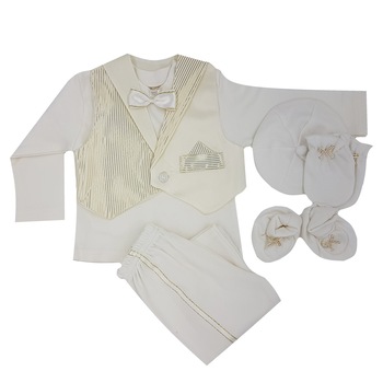 Set nou nascut, 6 piese,pentru baieti,din bumbac, alb/ auriu 0-3 luni, 56-62 cm Set nou nascut, 6 piese,pentru baieti,din bumbac, alb/ auriu 0-3 luni, 56-62 cm