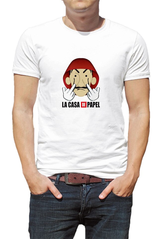 Tricou barbati, Casa de Papel,Fingers, Alb, Alb