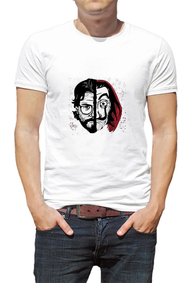 Tricou barbati, Casa de Papel,Mask Art, Alb, Alb
