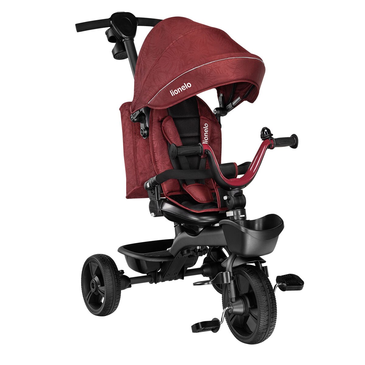Tricicleta, Lionelo, Kori Red Burgundy, Suport picioare, Control al directiei, Scaun reversibil, Rotire 360 grade, Pliabila