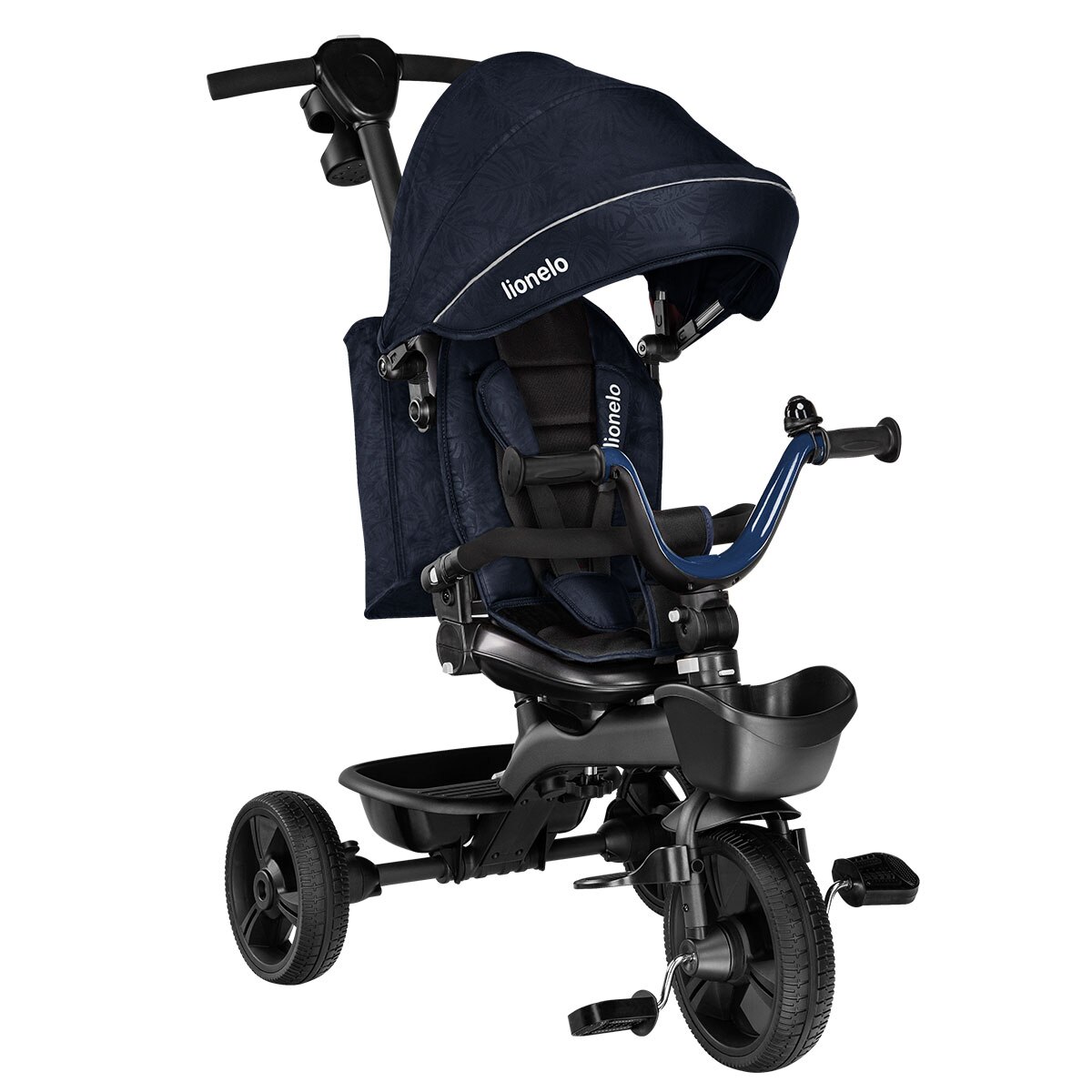 Tricicleta, Lionelo, Kori Blue Navy, Suport picioare, Control al directiei, Scaun reversibil, Rotire 360 grade, Pliabila