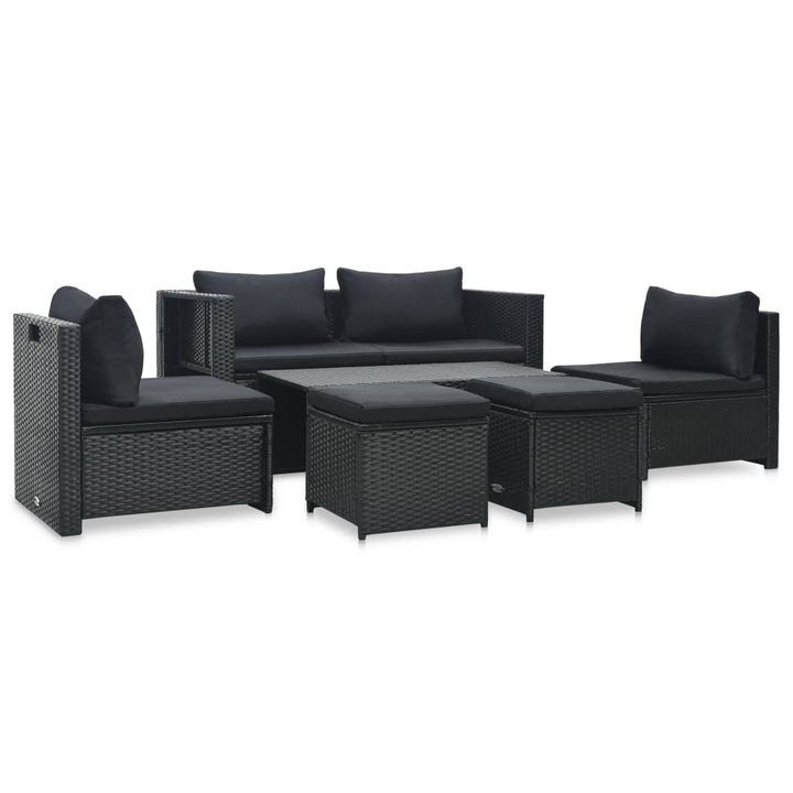 Set mobilier de gradina cu perne, 6 piese, Modern, negru, poliratan, Confortabil pentru Terasa,48,4 Kg,9535