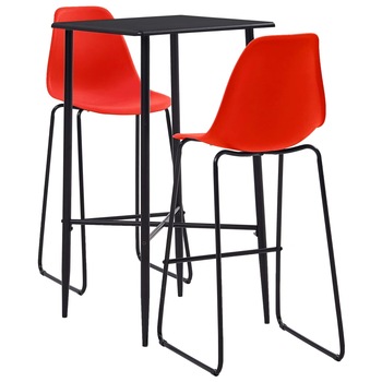 Set mobilier de bar 3 piese masa cu scaune, vidaXL, Plastic/Otel, 60 x 60 x 111 cm, Rosu/Negru