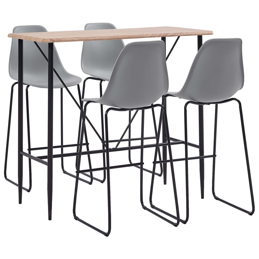 Set mobilier de bar 5 piese masa cu scaune, vidaXL, Plastic/Otel, 120 x 60 x 110 cm, Gri deschis