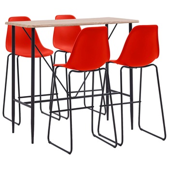 Set mobilier de bar 5 piese masa cu scaune, vidaXL, Plastic/Otel, 120 x 60 x 110 cm, Rosu