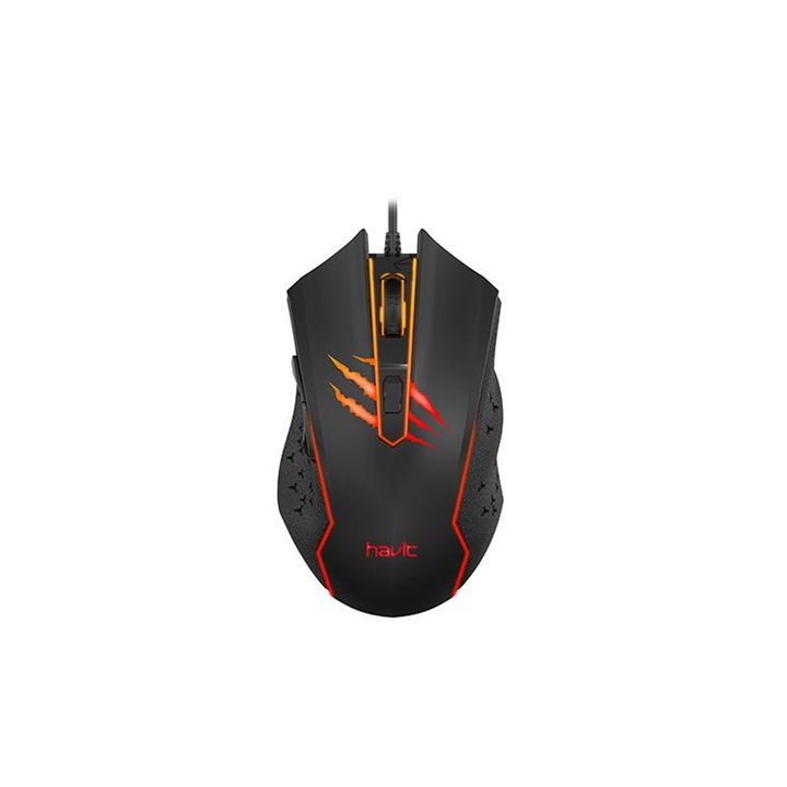 Mouse gaming Havit Gamenote MS1027 cu fir, 2400 DPI, 6 Butoane, Senzor optic, Lungime cablu 1.6m, Negru