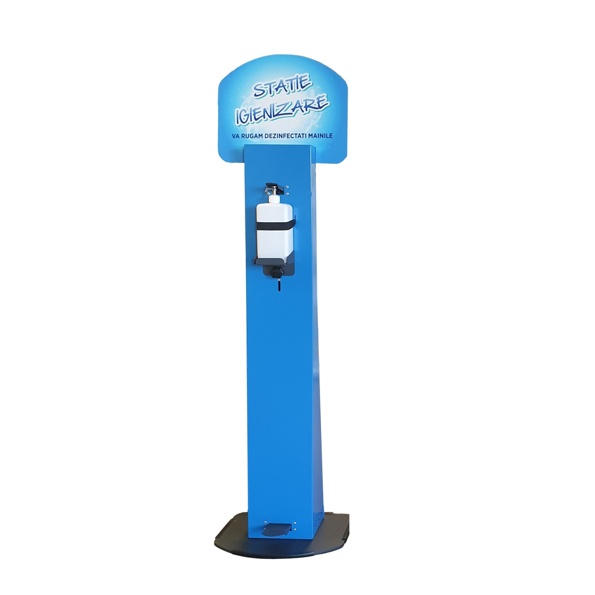 Stand Dispenser dezinfectant cu pedala, metal, albastru, 153x33x40 cm, 1 l