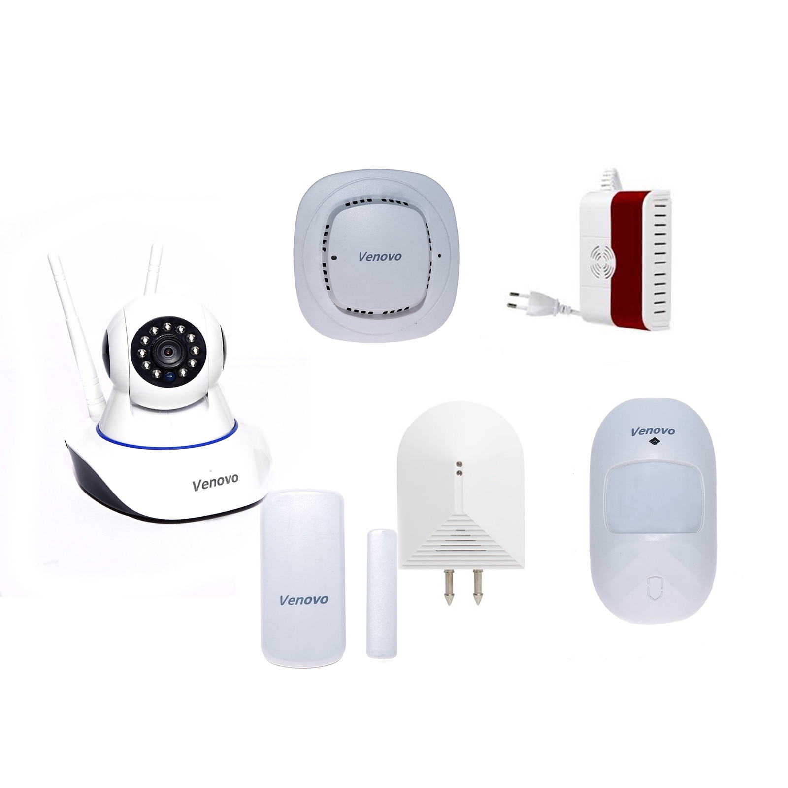 Kit Smart Camera Venovo, Alarm sistem, Tracking Obiect, Wi-Fi Camera 2 MP, Control Max 64 Wireless Senzor 433Mhz, 1 Gaz, 1 Miscare, 1 Fum, 1 Inundatie, Inregistrare MicroSD Card 64GB,APP Notificare Telefon Instant