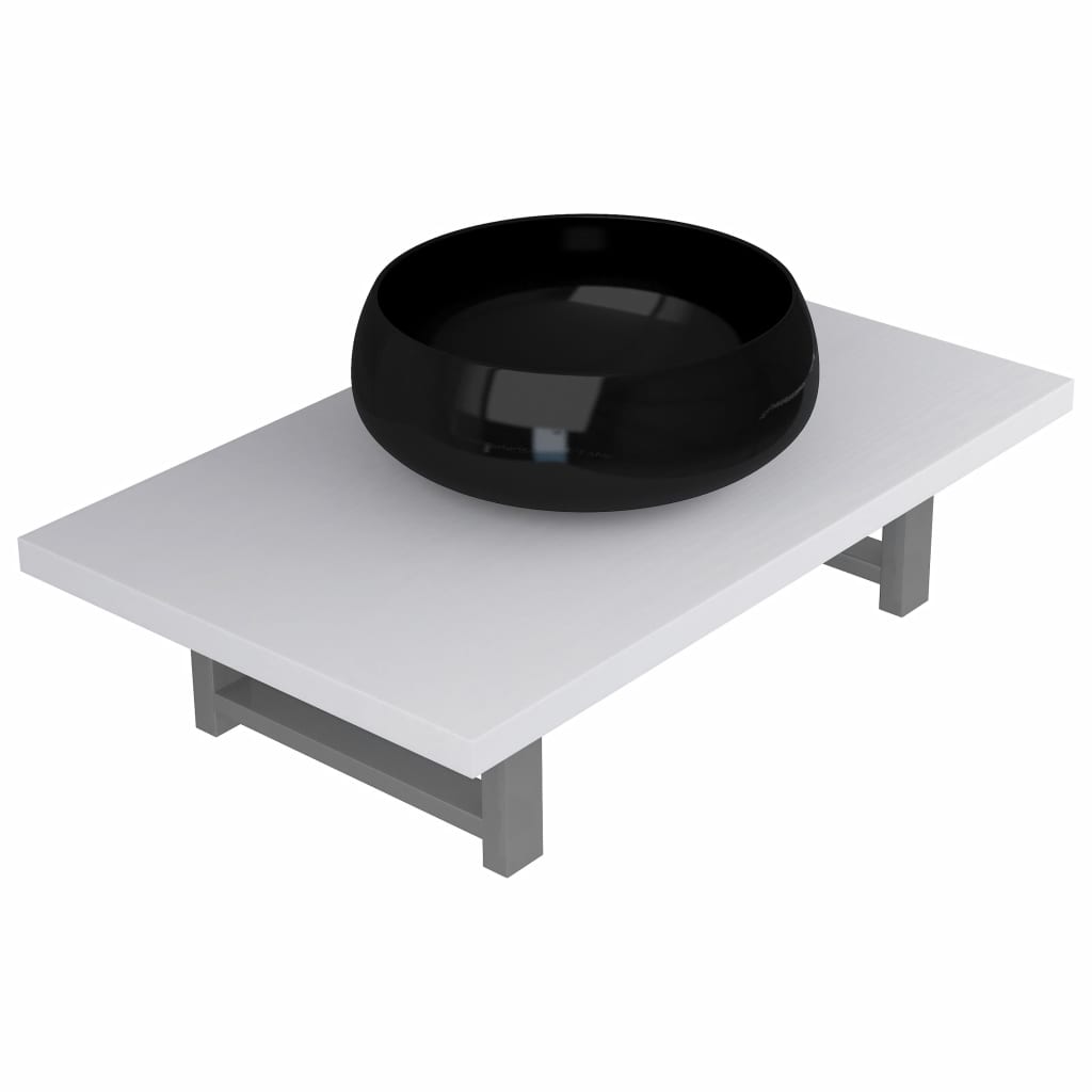 Set mobilier de baie 2 piese, vidaXL, Ceramica/PAL, raft de 60 cm si chiuveta rotunda de 40 cm, Alb/Negru
