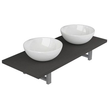 Set mobilier baie 3 piese, vidaXL, Ceramica, raft de 90 cm si 2 chiuvete rotunde de 32,5 cm, Gri Set mobilier baie 3 piese, vidaXL, Ceramica, raft de 90 cm si 2 chiuvete rotunde de 32,5 cm, Gri