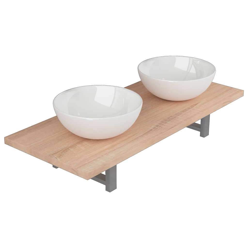 Set mobilier baie 3 piese, vidaXL, Ceramica/Stejar, raft de 90 cm si 2 chiuvete rotunde de 32,5 cm, Maro