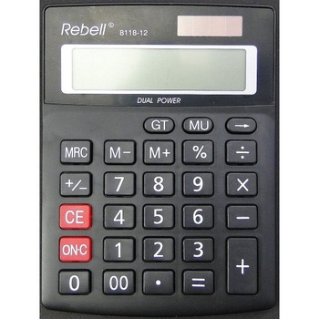 Calculator de birou, 12 digits, 137 x 104 x 23 mm, dual power, Rebell 8118-12 - negru Calculator de birou, 12 digits, 137 x 104 x 23 mm, dual power, Rebell 8118-12 - negru
