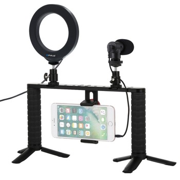 Platforma Vlog cu lampa circulara LED, microfon, suport telefon si 2 x trepied, Puluz PKT3028 Platforma Vlog cu lampa circulara LED, microfon, suport telefon si 2 x trepied, Puluz PKT3028