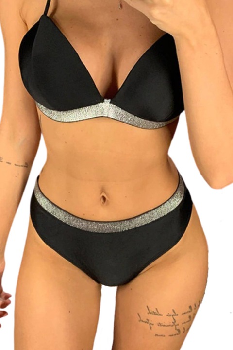 Costum de baie 2 piese, Herablum®, buretei sustinere, slip brazilian, croiala regular, nylon, poliester, slip talie inalta, Negru