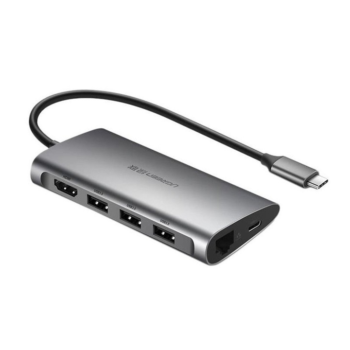 UGREEN 8in1 USB-C към HDMI 4K адаптер, 3x USB 3.0, Type-C, RJ45, SD, Micro SD