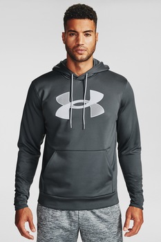 Under Armour, Hanorac cu imprimeu logo si buzunar kangaroo pentru fitness, Gri inchis/Alb Under Armour, Hanorac cu imprimeu logo si buzunar kangaroo pentru fitness, Gri inchis/Alb