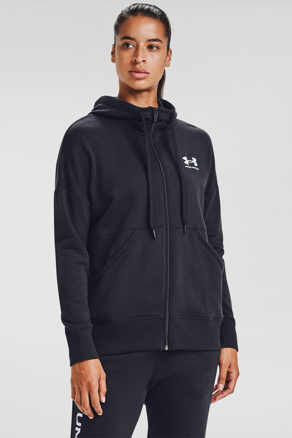 Under Armour, Hanorac din material fleece cu fermoar pentru fitness Rival, Negru