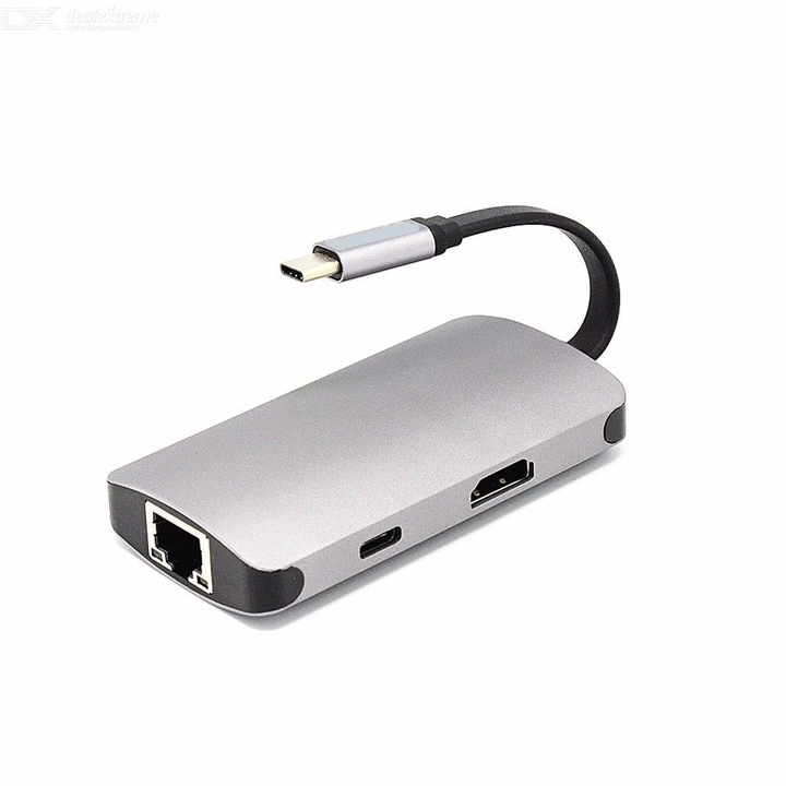 Adaptor Metalic Type C Laptop MTP 5 in 1 la RJ45, 2* USB 3.0, HDMI, Type C