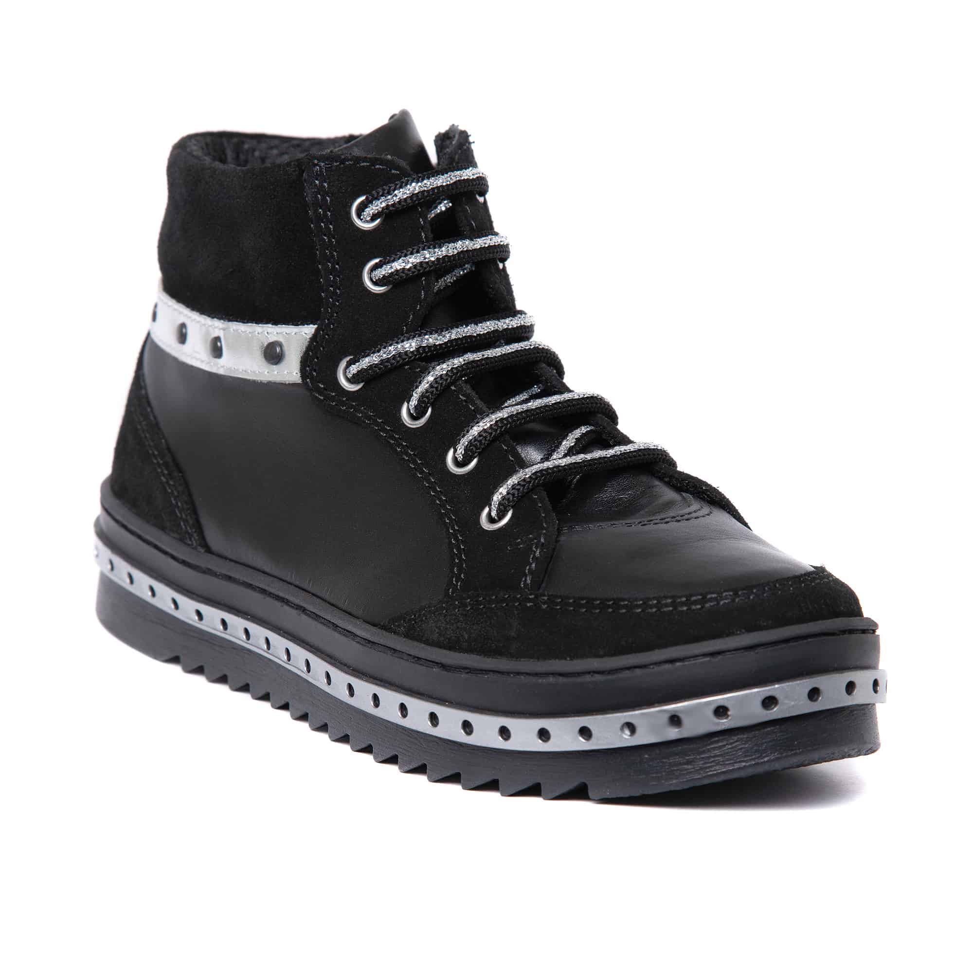 Tenisi din piele pentru fete Kidda, Piele, Negru argintiu, PJ Shoes