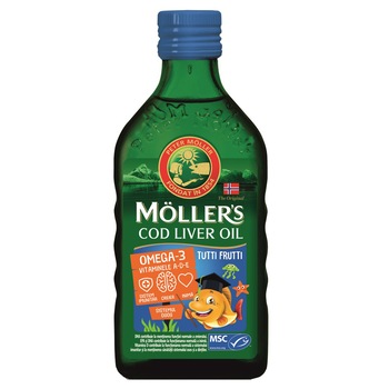 Omega 3 ulei ficat de cod Moller's, cu aroma de tutti-frutti, 250 ml Omega 3 ulei ficat de cod Moller's, cu aroma de tutti-frutti, 250 ml