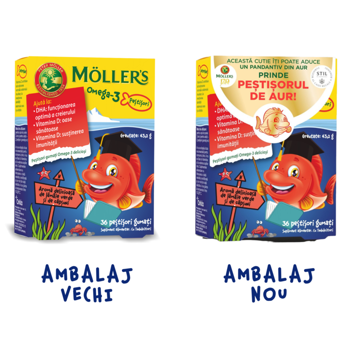 Pestisori gumati Omega 3 Moller's, cu aroma de lamaie verde si capsune, 36 jeleuri