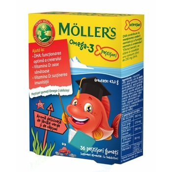 Pestisori gumati Omega 3 Moller's, cu aroma de lamaie verde si capsune, 36 jeleuri Pestisori gumati Omega 3 Moller's, cu aroma de lamaie verde si capsune, 36 jeleuri