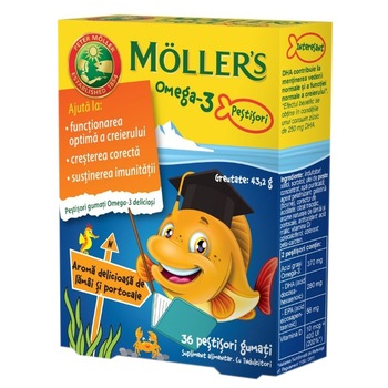 Pestisori gumati Omega 3 Moller's, cu aroma de lamaie si portocale, 36 jeleuri Pestisori gumati Omega 3 Moller's, cu aroma de lamaie si portocale, 36 jeleuri