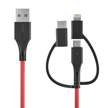 Cablu De Date/ Incarcare BlitzWolf, 3 In 1, BW-MT4, micro USB/USB-C/Lightning, 3A, 0,9m, Negru/ Rosu Cablu De Date/ Incarcare BlitzWolf, 3 In 1, BW-MT4, micro USB/USB-C/Lightning, 3A, 0,9m, Negru/ Rosu