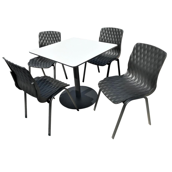 Set mobilier dining bucatarie RAKI masa patrata cu blat MDF melaminat 80x80x75cm cu 4 scaune Royal negre