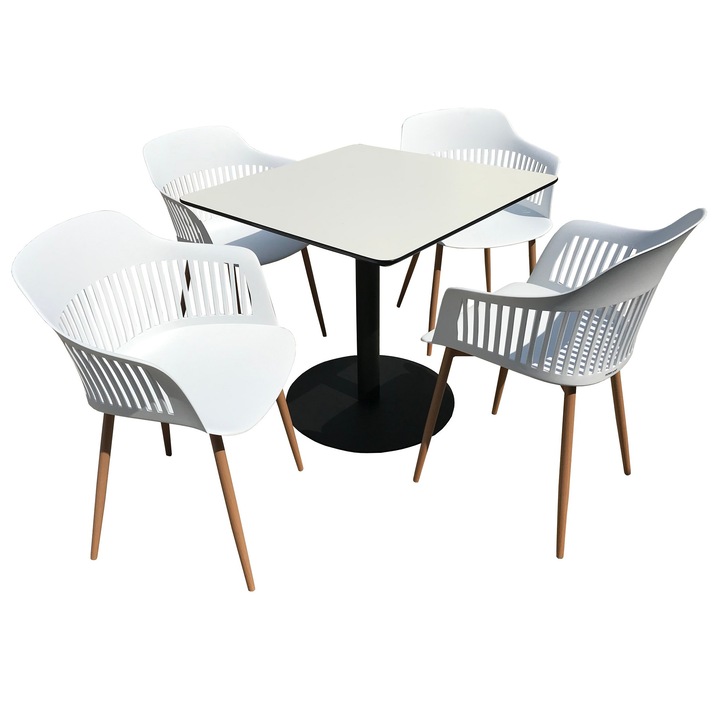 Set mobilier dining bucatarie RAKI masa patrata cu blat MDF melaminat 80x80x75cm cu 4 scaune Florida 53x59x81cm alb