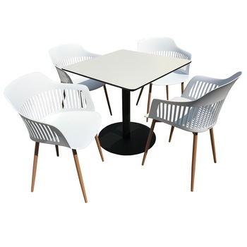 Set mobilier dining bucatarie RAKI masa patrata cu blat MDF melaminat 80x80x75cm cu 4 scaune Florida 53x59x81cm alb Set mobilier dining bucatarie RAKI masa patrata cu blat MDF melaminat 80x80x75cm cu 4 scaune Florida 53x59x81cm alb