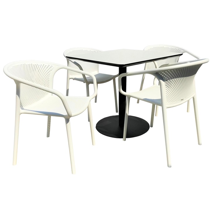 Set mobilier dining bucatarie RAKI masa patrata cu blat MDF melaminat 80x80x75cm cu 4 scaune cu spatar rotunjit CHICAGO alb