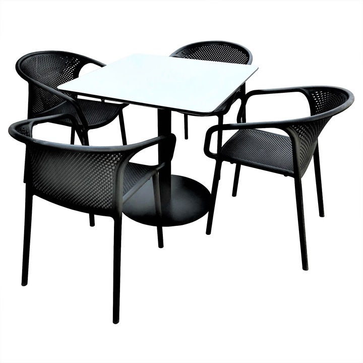 Set mobilier dining bucatarie RAKI masa patrata cu blat MDF melaminat 80x80x75cm cu 4 scaune cu spatar rotunjit CHICAGO negru