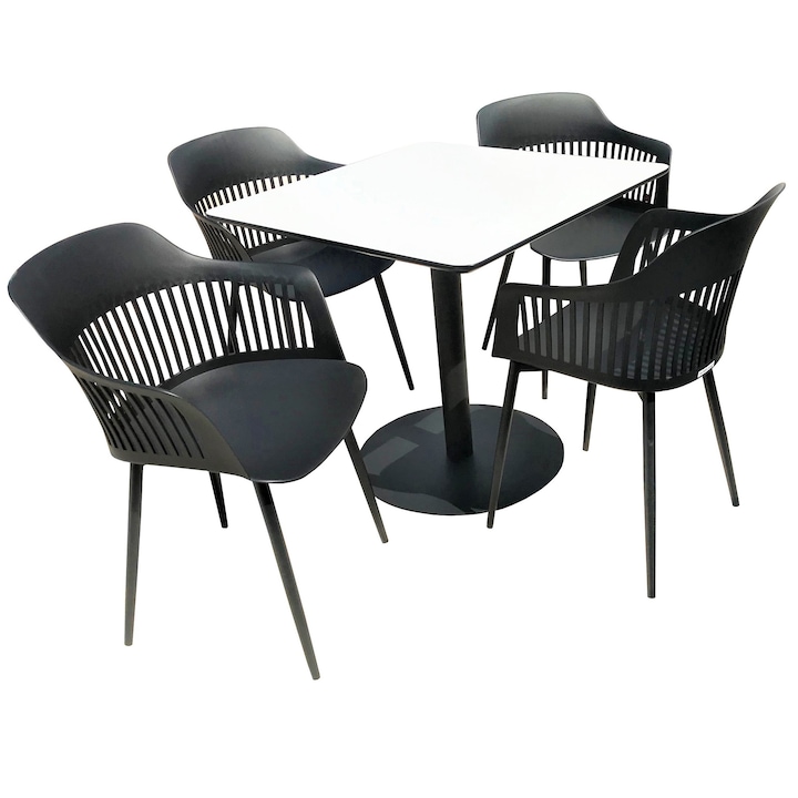 Set mobilier dining bucatarie RAKI masa patrata cu blat MDF melaminat 80x80x75cm cu 4 scaune Florida 53x59x81cm negru