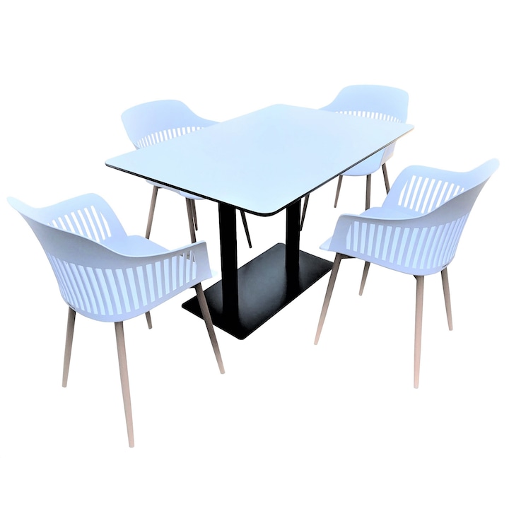 Set mobilier dining bucatarie RAKI masa dreptunghiulara cu blat MDF melaminat 120x80x75cm cu 4 scaune Florida 53x59x81cm alb