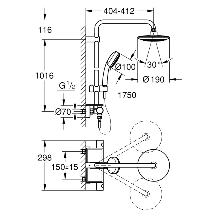 Sistem de dus Grohe Euphoria 190 26249000, 1/2'', aparent, termostat, 3 functii, 190 mm, crom