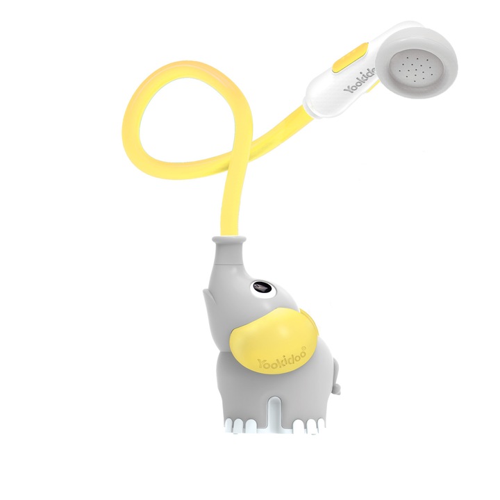 Jucarie Dus portabil pentru bebelusi si copii, in forma de elefant, Gri - Galben, Yookidoo, 0-24 luni