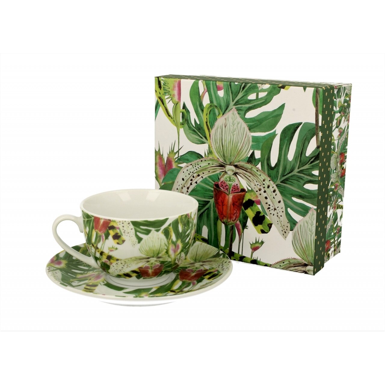 Set ceasca cu farfurie Orchid, Duo, 250 ml, portelan, verde