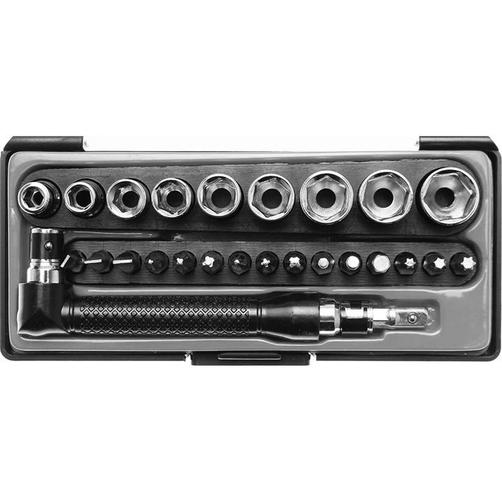 Set 26 piese cu surubelnita unghiulara pentru uz manual si antrenare 1/4", material Cr-V, include adaptor biti