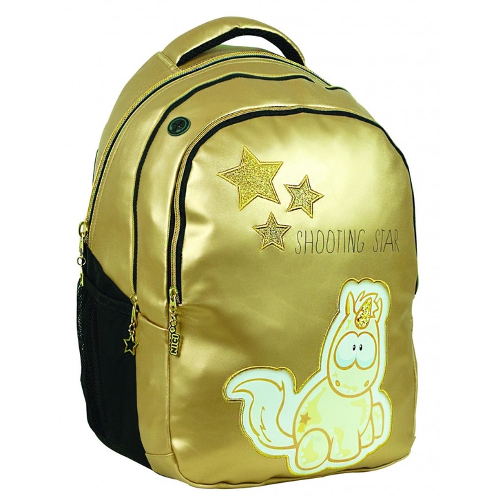 Ghiozdan scoala Nici Shooting Star, cu trei compartimente, buzunare laterale pentru sticla apa si bretele ergonomice