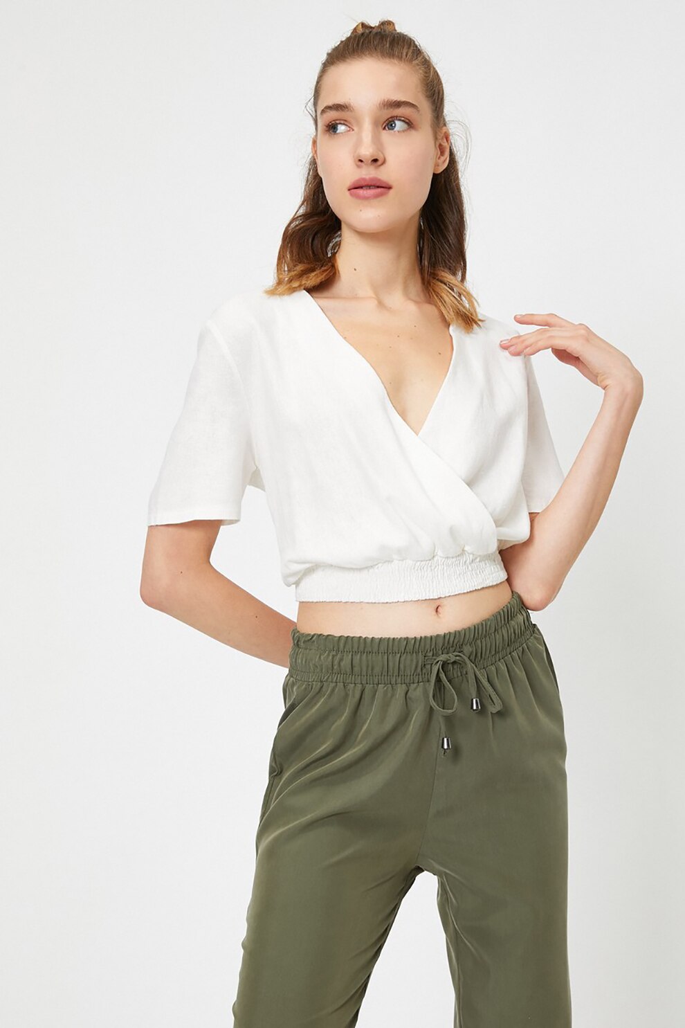 KOTON, Bluza crop din amestec de in, Alb optic, L