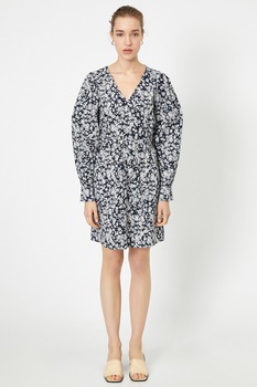 KOTON, Rochie cu decolteu in V si imprimeu floral, Negru/Alb/Roz KOTON, Rochie cu decolteu in V si imprimeu floral, Negru/Alb/Roz