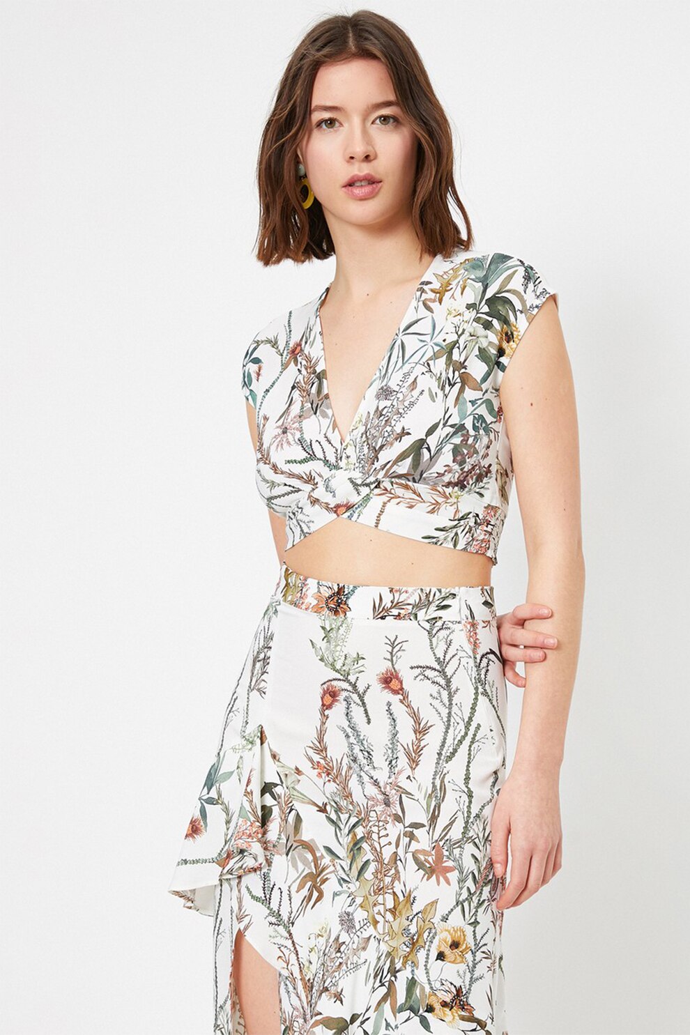 KOTON, Bluza crop cu imprimeu floral, Alb/Verde/Maro, XL
