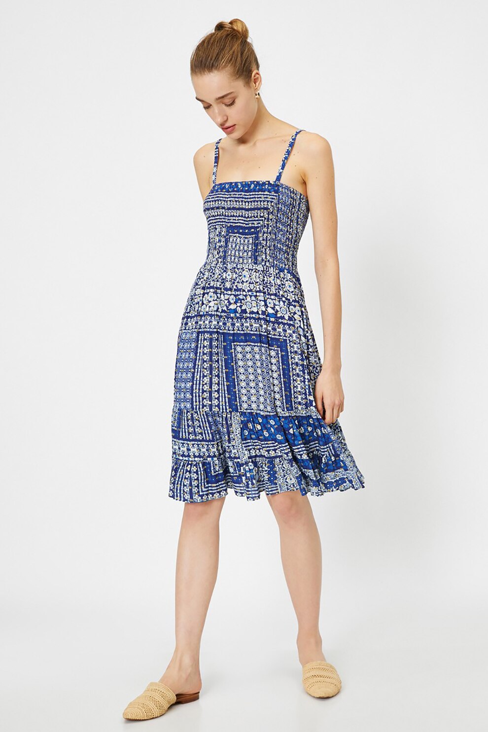 KOTON, Rochie cu decolteu patrat si diverse imprimeuri, albastru inchis/alb, M