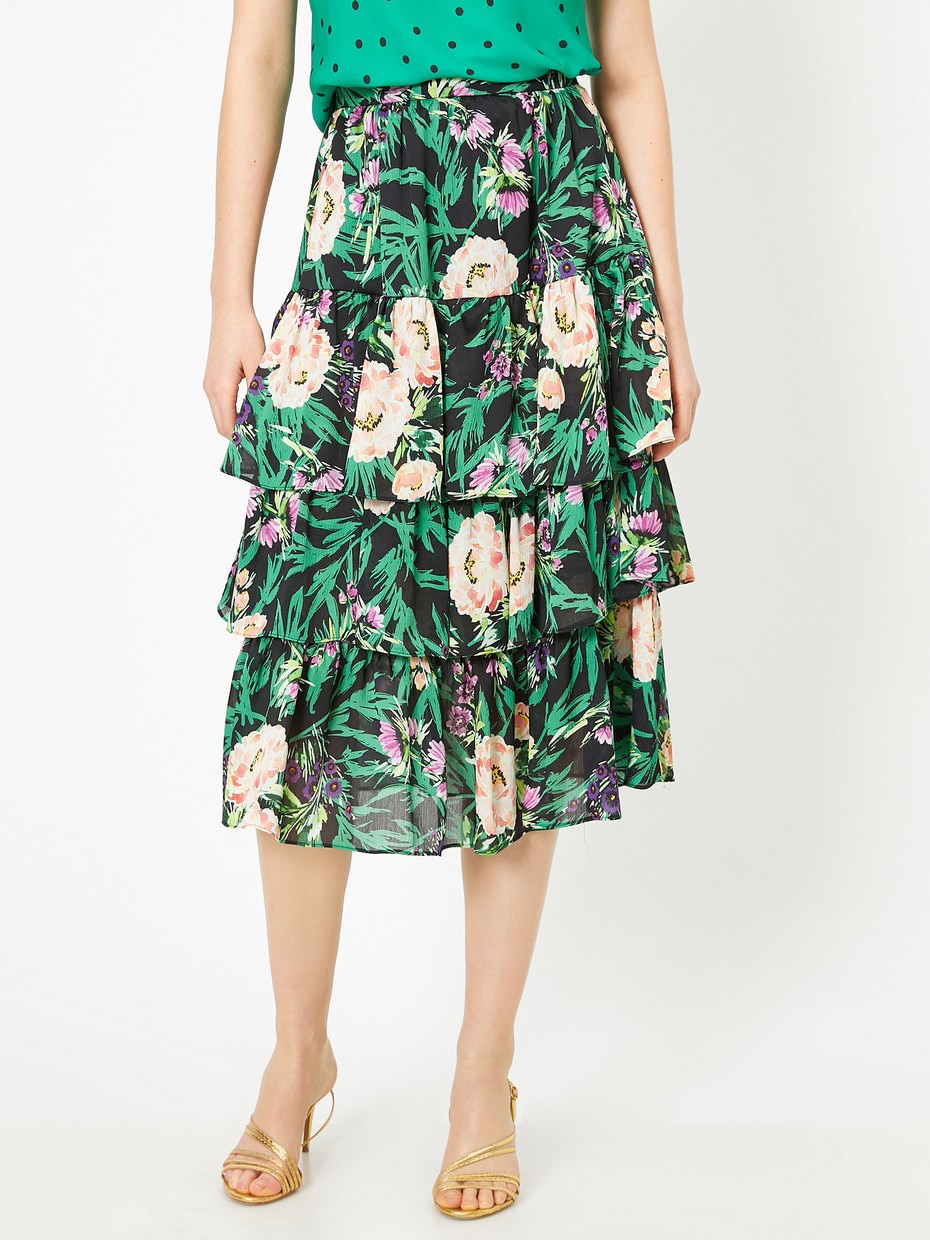 KOTON, Fusta stratificata cu imprimeu floral, Negru/Verde/Roz